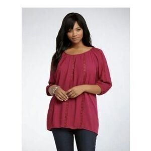 Torrid Red/Pink Magenta Peasant Blouse Top Boho Tunic Top Embroidered 3 3X